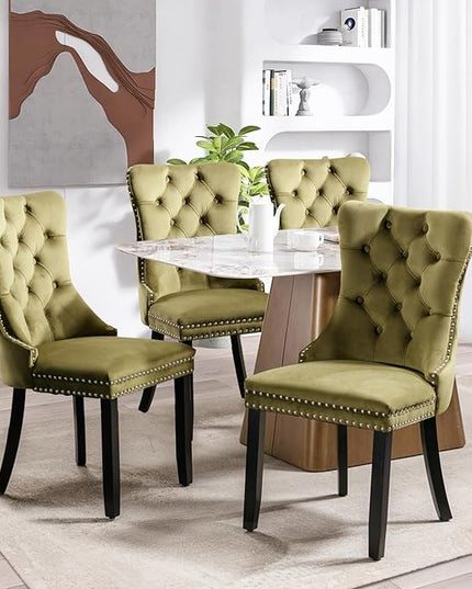 SoarFlash Velvet Dining Chairs Set of 4, Tall Back Side Chair, Modern Upholstered High-end Tufted Side Chair with Button Back Ring, Solid Wood Legs (Olive Green)