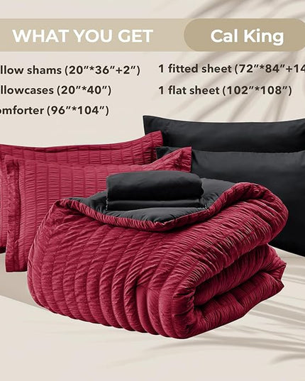 HYMOKEGE Red & Black California King Comforter Set Seersucker 7 Pieces, All Season Luxury Bed in a Bag for Bedroom, Bedding Set with Comforters, Sheets, Pillowcases & Shams