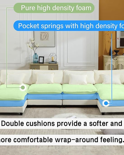154" Modular Sectional Sofa, Comfy Cloud Couch Sectional Sofa with Ottoman, Chenille Sofa Sleeper Deep Seat Sofa with Throw Pillows for Living Room (Beige White, 154"- U Shape)