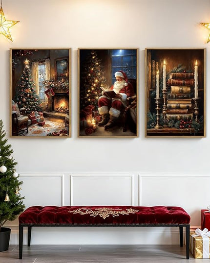 Christmas Wall Art 16x24 Inches Vintage Santa Claus Paintings Framed Christmas Winter Holiday Artwork Set of 3 for Living Room Bedroom