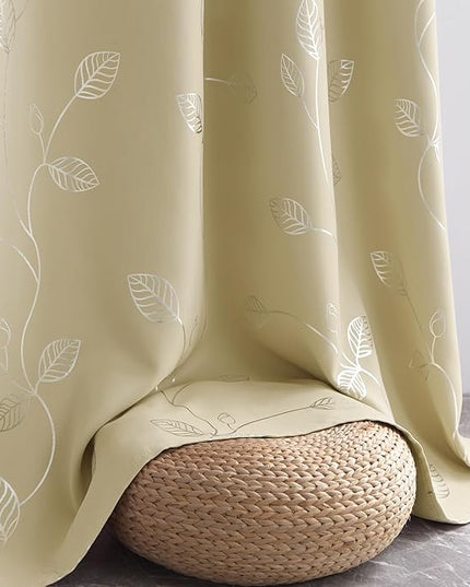BUHUA Black Out Curtains 108 Inch Long 2 Panels, Soundproof Curtains with Elegant Silver Leaf Print, Heat Blocking Curtains for Livingroom, 52W x 108L, Beige