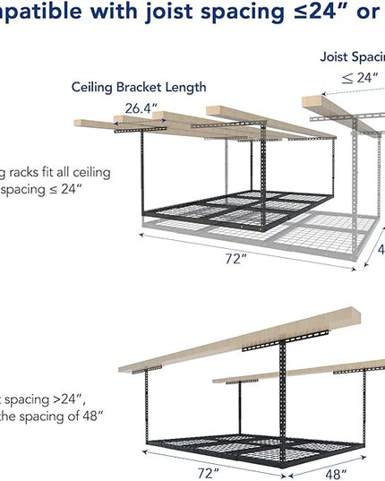 FLEXIMOUNTS 4x6 Overhead Garage Storage Adjustable Ceiling Rack 72" Length x 48" Width x 40" Height, 450lbs Weight Capacity, Black, Classic Series