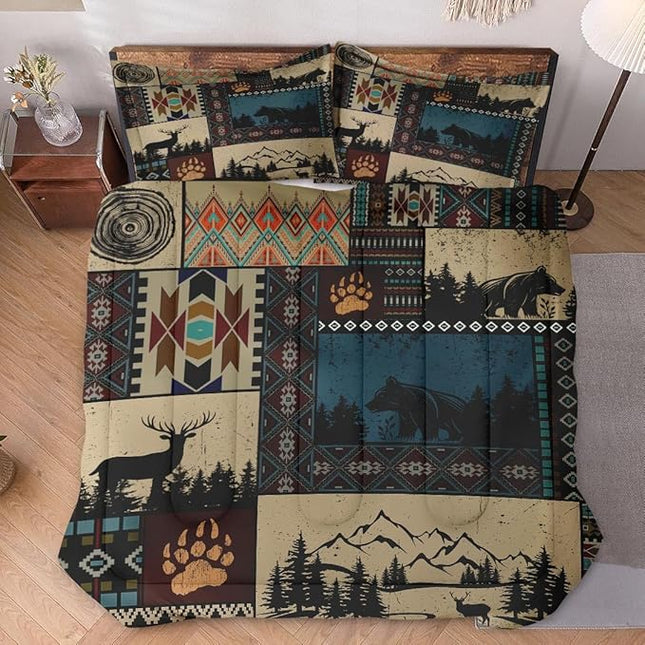 Twin Size Comforter Set with Pillowcase, Deer Bear Wildlife 2 Pcs Bedding for Kids and Adults, Black Brown Country Soft Comforter Set for Bedroom Bed Decor