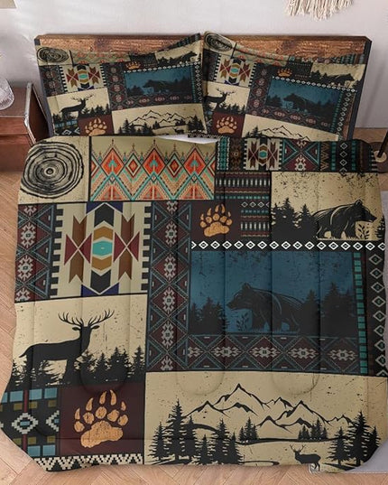 King Size Comforter Set with 2 Pillowcases, Deer Bear Wildlife 3 Pcs Bedding for Kids and Adults, Black Brown Country Soft Comforter Set for Bedroom Bed Decor
