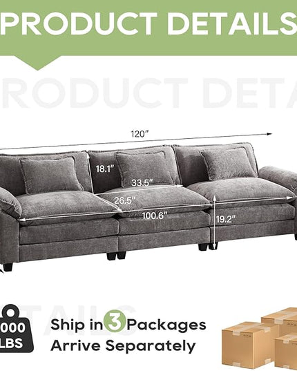 120" Modular Sectional Sofa, Comfy Cloud Couch Sectional Sofa, Chenille Sofa Sleeper Deep Seat Sofa with Throw Pillows for Living Room (Light Gray, 120"- 3 Seater)