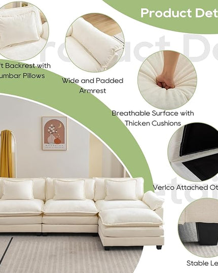 120" Modular Sectional Sofa, Comfy Cloud Couch Sectional Sofa with Ottoman, Chenille Sofa Sleeper Deep Seat Sofa with Throw Pillows for Living Room (Beige White, 120"- L Shape)