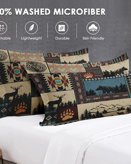 Full Size Comforter Set with 2 Pillowcases, Deer Bear Wildlife 3 Pcs Bedding for Kids and Adults, Black Brown Country Soft Comforter Set for Bedroom Bed Decor