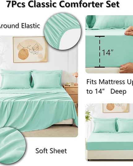 CozyLux Queen Comforter Set Mint Green - Bed in a Bag Queen Size 7 Pieces, Luxury Soft Bed Set for All Seasons, Bedding Set with Down Alternative Comforter, Sheets, Pillowcases & Shams