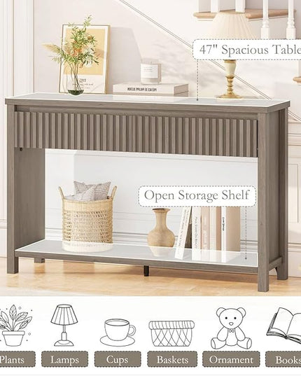 BON AUGURE Console Table with Storage, Entryway Table with Drawers, 47In Couch Tables Behind Sofa, Sofa Tables with Two-Tier Shelf for Living Room, Hallway, Front Door, Greige Oak