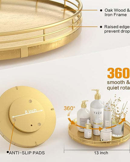 13" Gold Lazy Susan for Table Top, Oak Wood Lazy Susan Turntable Organizer for Dining Coffee Table Centerpiece Bar Decor Kitchen Countertop Bathroom Vanity Decorative Tray for Perfume Jewelry Round