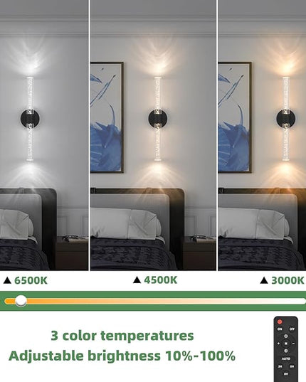 Battery Operated Wall Sconces Set of 2, Black 20'' Rechargeable Crystal Bubble Wall Sconce with Remote Control, 3000K-6000K Dimmable LED Wireless Wall Lights for Living Room Bedroom Bathroom Hallway