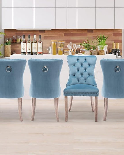 SoarFlash Velvet Dining Chairs Set of 4, Tall Back Side Chair, Modern Upholstered High-end Tufted Side Chair with Button Back Ring, Solid Wood Legs (Sky-Blue)