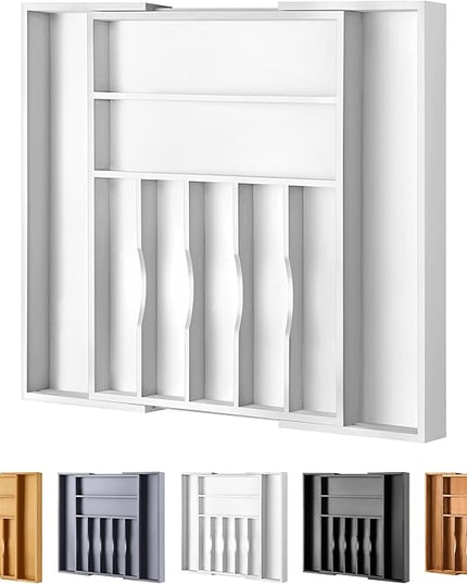 Large Premium Bamboo Silverware Organizer - Expandable Drawer Organizer & Utensil Organizer - 17"x19.7" Cutlery Tray with Dividers for Kitchen Utensils and Flatware (7-9 Slots) (White)