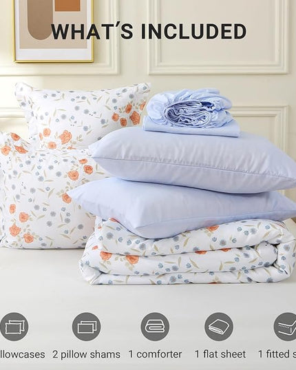 MUXHOMO Orange Blossom Full Comforter Set, Elegant Floral Print Bed in a Bag 7 Pieces, Ultra Soft & Breathable Reversible Botanical Pattern Bedding Set with Comforter, Sheets, Pillowcases, and Shams