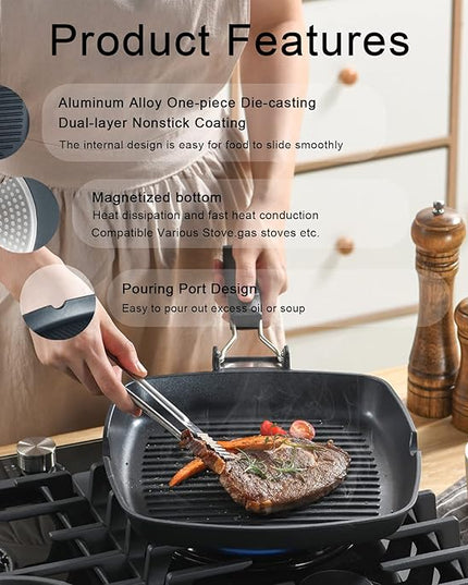 SKITCHN Nonstick Grill Pan With Folding Handle - Induction Compatible KBBQ Pan for Stove Tops, Indoor Square BBQ Grilling With Pour Spouts - 11 in