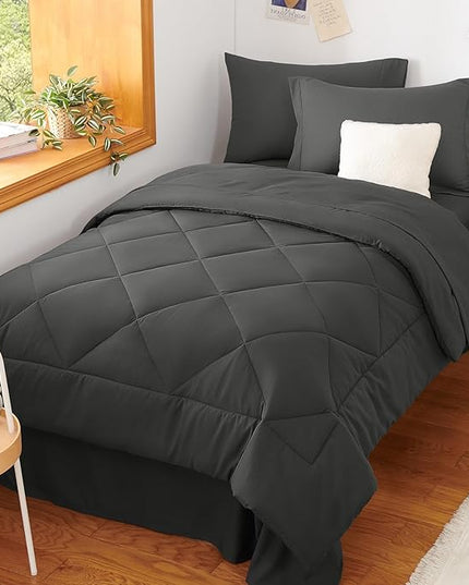 CozyLux Twin Comforter Set with Sheets Dark Grey - 5 Pieces Bed in a Bag Twin, All Season Bed Set for Girls and Boys, Bedding Set with Down Alternative Comforter, Sheets, Pillowcase & Sham