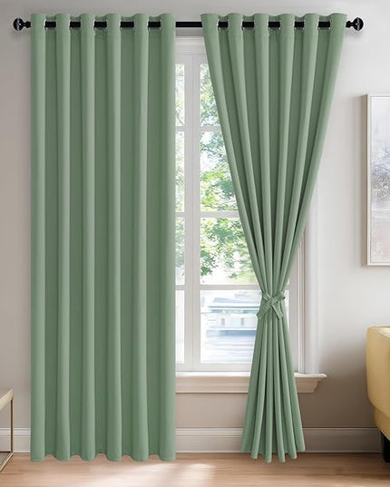 JIUZHEN Light Sage Blackout Curtains with Tiebacks Thermal Insulated, Light Blocking and Noise Reducing Grommet Curtains for and Living Room, Set of 2 Window Curtain Panels, 70 x 84 Inch Length