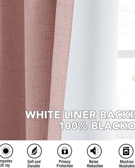 H.VERSAILTEX Linen Curtains 100% Blackout Curtains for Bedroom 45 inch Long Full Light Blocking Nature Linen Blended Window Curtains for Living Room Nickel Grommet (2 Panels, Heathered Baby Pink)