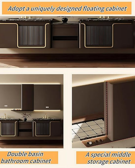 80IN Double Bathroom Vanities with Sink, Double Sink Bathroom Vanity with LED Smart Defogging Mirror and Standing Cabinet Storage | Modern Bathroom Sink, Wall Mounted Installation (Brown)