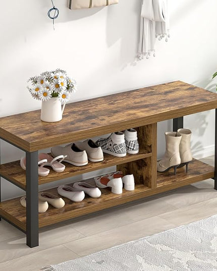 EXCEFUR Shoe Bench, Modern Wood Storage Bench for Entryway Hallway, Industrial Indoor Shoe Rack Bench Seat for Living Room Bedroom, 43.3 Inch Rustic Brown