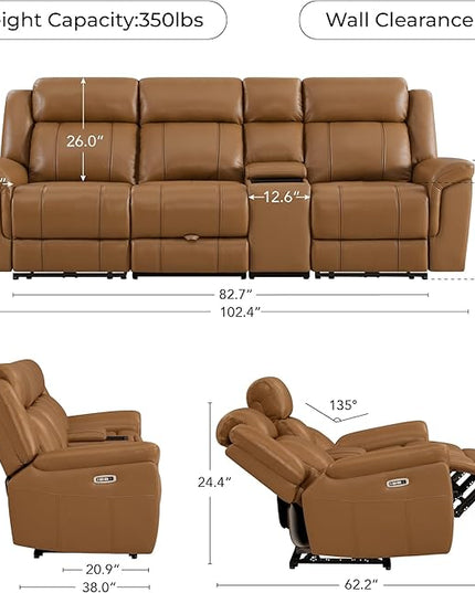 CHITA Genuine Leather Power Recliner Sofa, Wall Hugger Reclining Sofa with Drop Down Table, Console, Power Headrest, Drawers, Charging Ports, Reclining Sectional Couch for Living Room, RV, Saddle