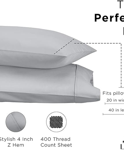 Linen Home 400 Thread Count King Pillowcase Set | 100% Long-Staple Cotton Pillow Cases | Soft & Smooth Luxury Satin Set of 2 Pillowcases | 4 Inch Z Hem | Silver