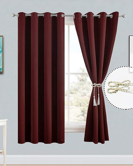 Yakamok Room Darkening Blackout Curtains Thermal Insulated with Grommet Curtains for Bedroom, 2 Tie Backs Included, 52 x 63 inch, Burgundy Red, 2 Panels,Bonus 2 Tie Backs Included