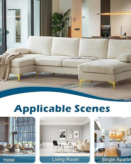 VINGLI 110" Large U-Shape Sectional Sofa Couch with 51" D Double Chaise for Living Room, Modern Sectional Couch Set with Soft 5.9" Thickness Seating Padding, Chenille Fabric,Metal Gold Legs(Beige)