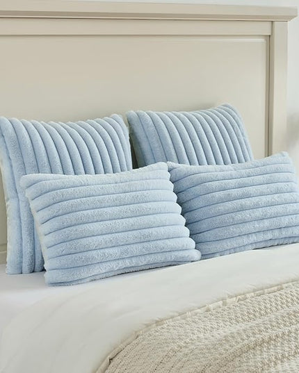 FUTEI Light Blue Throw Pillow Covers Set of 2, 22x22 Inch Striped Texture Cushion Cases with Soft Faux Rabbit Fur Front & Velvet Back, Modern Decorative Couch Pillows for Living Room