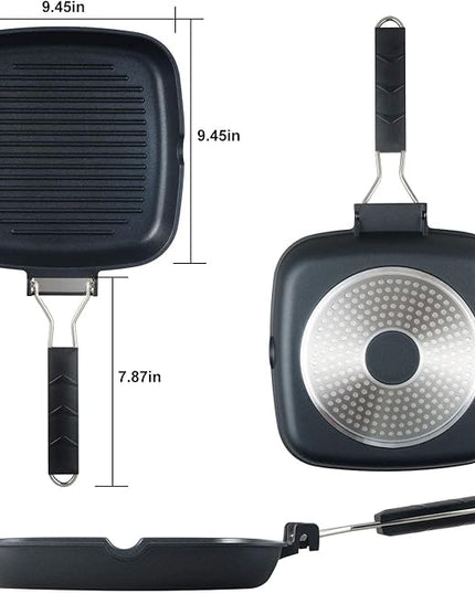 SKITCHN Grill Pan With Folding Handle, Nonstick for Stove Tops, Induction Compatible KBBQ With Pour Spouts, Indoor Square BBQ Grilling - 9IN
