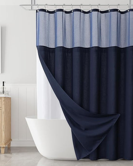Naturoom Navy Blue Linen Shower Curtain with Fabric Liner Set Rustic Style Modern Farmhouse Shower Curtains for Bathroom 200GSM Burlap Cloth Double Bath Curtains with See Through Top Window 72x72