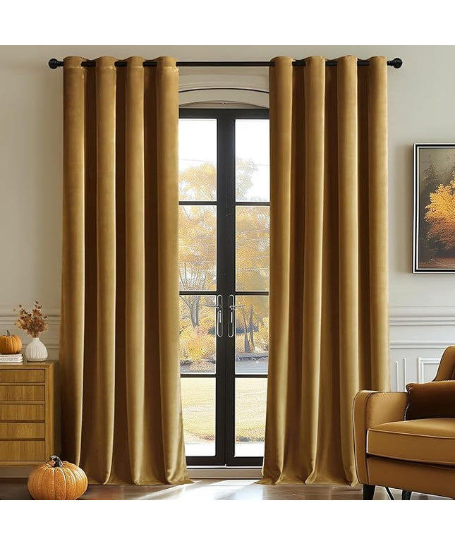 MIULEE Velvet Curtains Gold Elegant Grommet Curtains Fall Thermal Insulated Soundproof Room Darkening Black Out Curtains/Drapes for Classical Living Room Bedroom Decor 52 x 108 Inch Set of 2