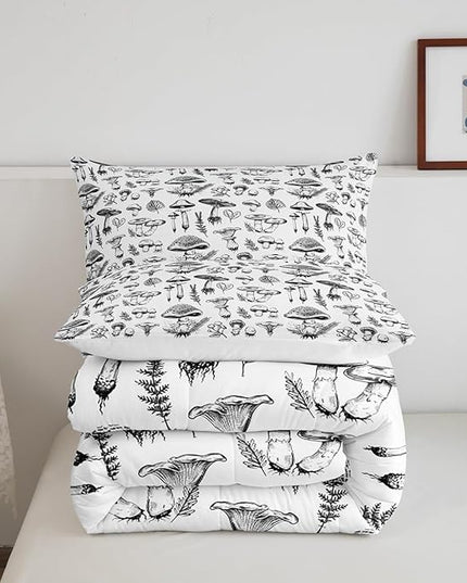 Mushroom Kids Comforter Set King Size,Abstract Hand Drawn Sketch Rustic Bedding Set,Boys Girls Room Decor,Botanical Plants Weed Flowers Down Comforter,Black White Retro Duvet Insert,2 Pillowcases