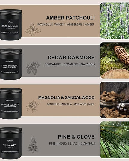 Scented Candle Set, Men Candle Set, Scented Candles for Home, Gifts for Men, 28 oz 200 Hour Burn Time,4 Pack Manly Gifts Soy Candles of Cedar Oakmoss/Pine&Clove/Patchouli/Sandal Wood