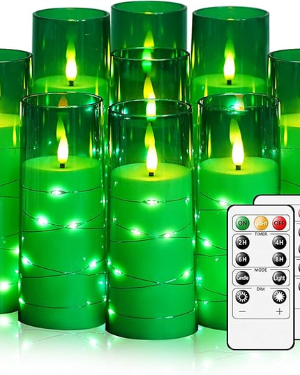 Flickering Flameless LED Candles,Battery Operated Candles 9 Pcs with Embedded Star String,Acrylic LED Pillar Candles with Remote,Suitable for Home Decoration to Create an Atmosphere (Green)