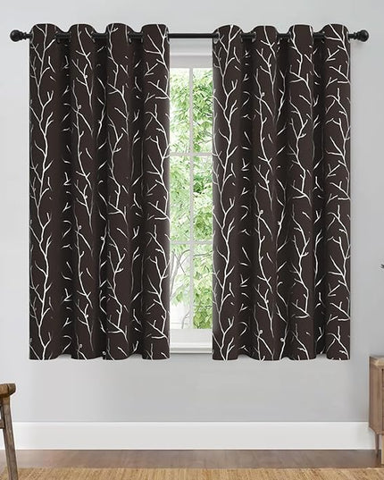 BUHUA Brown Blackout Curtains 63 Inches Length, Thermal Curtain for Bedroom 2 Panels Set, Room Darkening Curtains,Grommet Top Tree Branches Curtains, 52W×63L