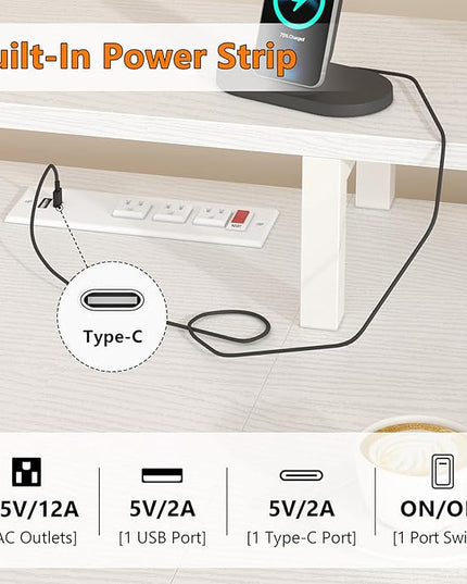 60 Inch Computer Desk with 8 Fabric Drawers, Gaming Desk with LED Lights & Power Outlets, Home Office Desk with Monitor Stand, White