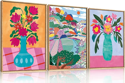 HOURIA Colorful Flower Field Landscape Framed Canvas Wall Art Set,Abstract Pink Floral Vase Wall Decor,Natural Botanical Tree Artwork,Modern Sunrise Art Prints for Living Room,Farmhouse-16 x24 x3