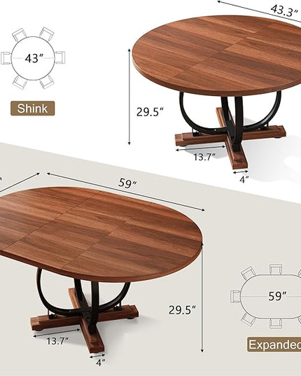 59" Round Extendable Dining Table for 4-6, Modern Oval Kitchen Table with Heavy Duty Curved Legs & Wood X-Based, MDF Board with Spring Buckle, Space Saving, Dining Kitchen Living Room, Walnut