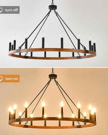 HHR 40 Inch Solid Wood Wagon Wheel Chandelier, 16-Light Farmhouse Chandelier for Dining Room, Modern Chandeliers for Foyer, Kitchen Island, Living Room, Entryway, E12