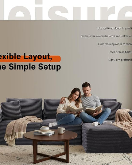 110" Boneless Couch in A Box, Convertible L Shaped Modular Sectional Sofa Set with Deep Seat, Corduroy Cloud Couch Sectional Couches for Living Room, No Assembly Required(3 Seat+ 1 Ottoman,Gray)