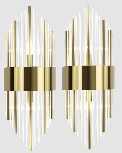 Modern Gold Wall Sconces Set of Two Crystal Sconces Wall Lighting 2-Light Brass Glass Wall Light Fixtures for Bedroom Living Room Bathroom Vanity Mirror Light Fixtures