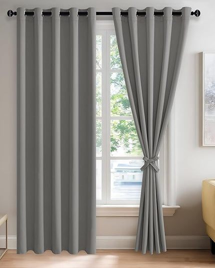 JIUZHEN Light Grey Blackout Curtains with Tiebacks Thermal Insulated,Light Blocking and Noise Reducing Grommet Curtains for Bedroom and Living Room, Set of 2 Window Curtain Panels, 60 x 84 Inch Length