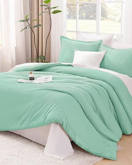 Litanika Comforters Mint Green Queen Size, 3 Pieces Lightweight Solid Bedding Set & Collections, All Season Fluffy Bed Set (90x90In Comforter & 2 Pillowcases)