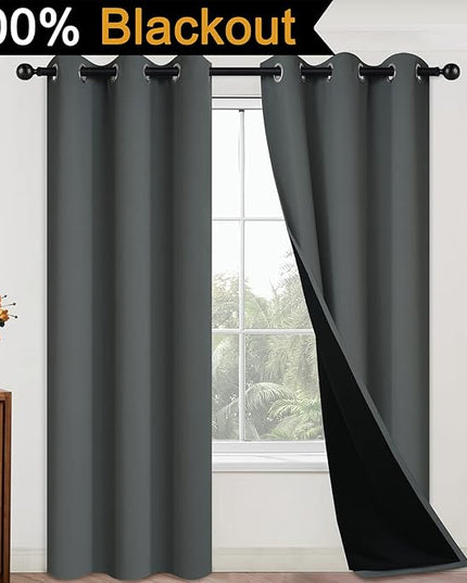 Yakamok 84 Inch Length 100% Blackout Curtains for Bedroom, 2 Thick Layers Thermal Insulated Grommet Total Blackout Drapes with Black Liner for Living Room (42Wx84L, Dark Grey, 2 Panels)