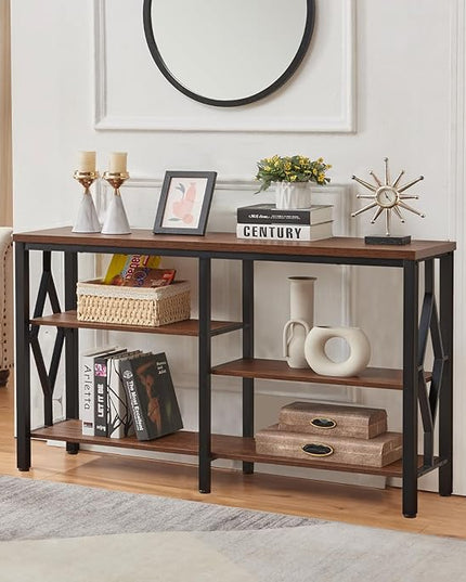 HOMBAZAAR Console Sofa Table, Rustic Entryway Table with Metal Frame and Open Shelves, Industrial Hallway Table with 3 Tier for Entry, Living Room, Foyer,Brown,47 inch