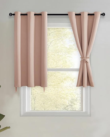 JIUZHEN Blackout Curtains with Tiebacks - Thermal Insulated, Light Blocking and Noise Reducing Grommet Curtain Drapes for Bedroom and Living Room, Set of 2 Panels, 34 x 24 Inch Length, Blush Pink