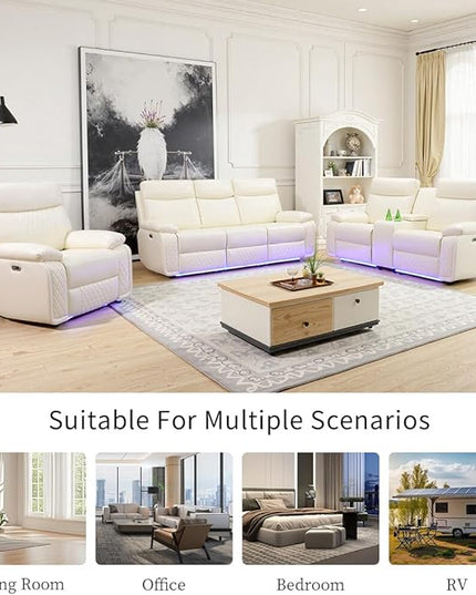 Power Leather Sofa and 2 Chairs Set, Recliner Sofa Set with LED Light, Living Room Furniture Sets, Modern Power Reclining Sets with Cup Holder/Storage Console for House, Vanilla White