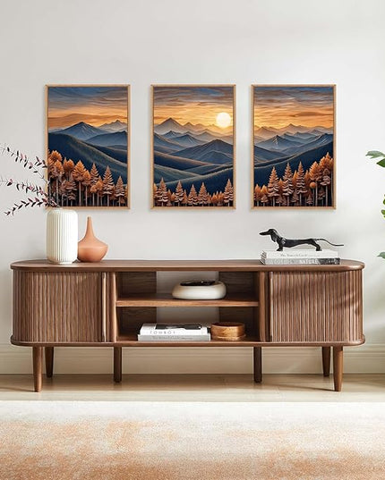 HOURIA Boho Wilderness Sunset Woodland Mountain Framed Canvas Wall Art Set,Vintage Golden Hour Forest Landscape Decor,Natural Modern Pine Tree Botanical Artwork for Living Room,Farmhouse-24 x36 x3