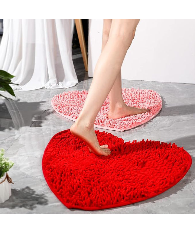Nuanchu 2 Pcs Valentine's Day Heart Shaped Rug Love Decorative Floor Mat Chenille Bathroom Rug Heart Shag Shower Non Slip Washable Mat for Floor Living Room Bathroom 20 x 24 Inches, Red and Pink